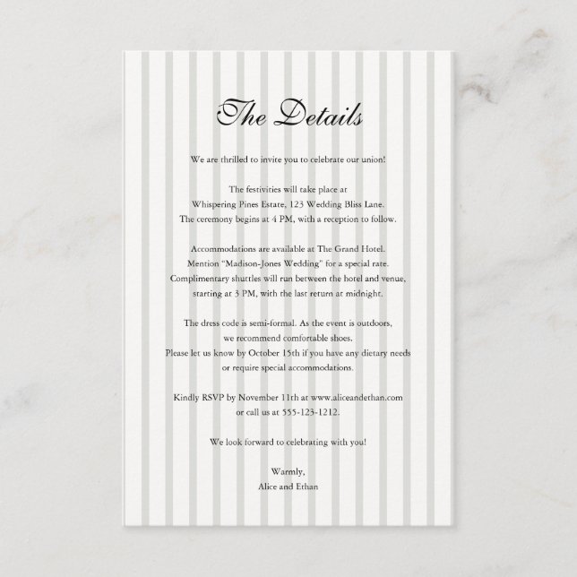 Tarjeta De Recepción Boda Vintage Stripe Old Money (Anverso)