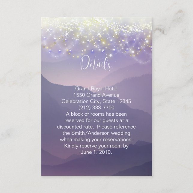 Tarjeta De Recepción Boda violeta púrpura de las luces de hadas (Anverso)