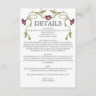 Tarjeta De Recepción Bodas Art Nouveau con flores rosadas de Borgoña y 
