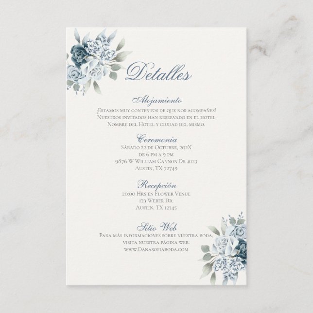 Tarjeta De Recepción Bodas Azules Españoles Detalles de la Boda (Anverso)