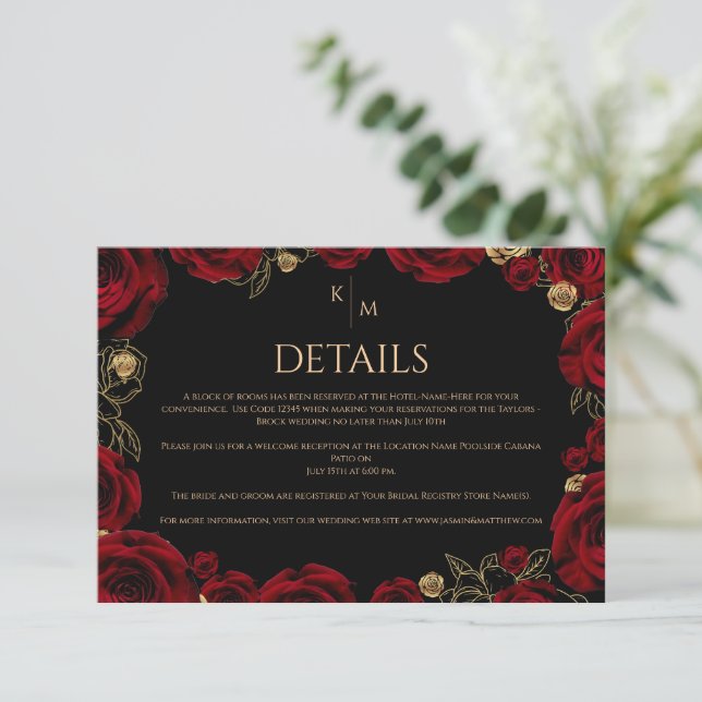 Tarjeta De Recepción Bodas Boho de Rosas de Borgoña (Anverso de pie)