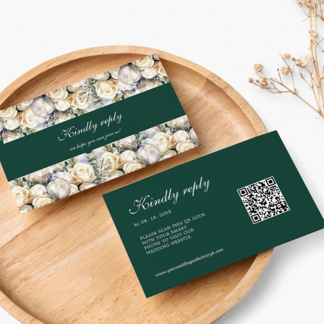 Tarjeta De Recepción Bodas código QR RSVP Rosas Blancas Verde Esmeralda (Subido por el creador)