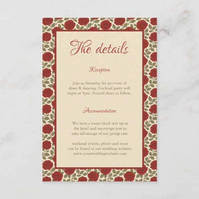 Tarjeta De Recepción Bodas elegantes de rosas rojas (Anverso)