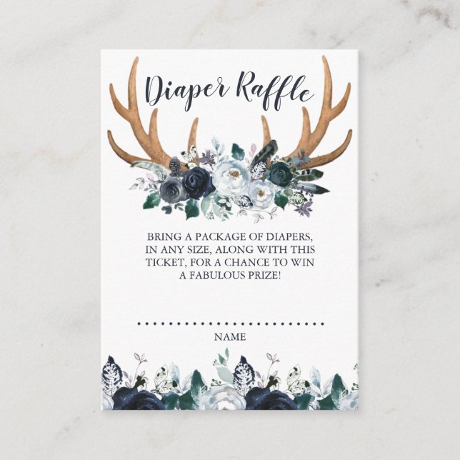 Tarjeta De Recepción Boho Antler Navy Floral Baby Shower Diaper Raffle (Anverso)