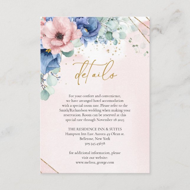 Tarjeta De Recepción Boho azul melancólico rosa polvoriento dorado geom (Anverso)