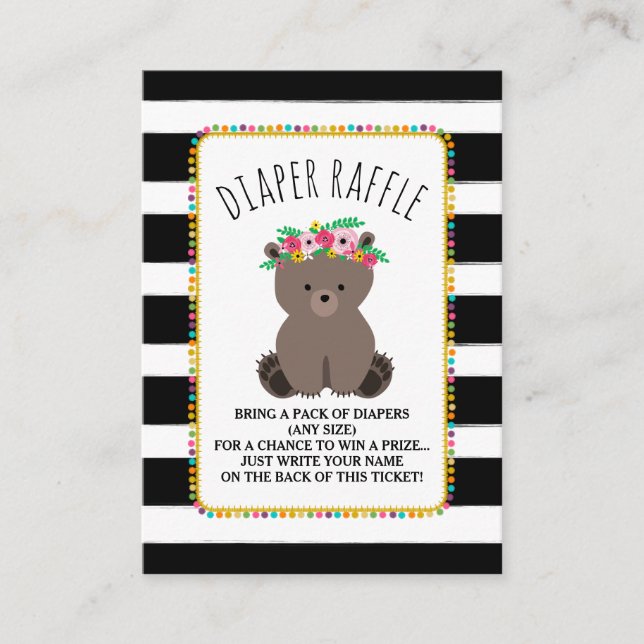 Tarjeta De Recepción Boho Bear Stripes Baby Shower Diaper Raffle (Anverso)