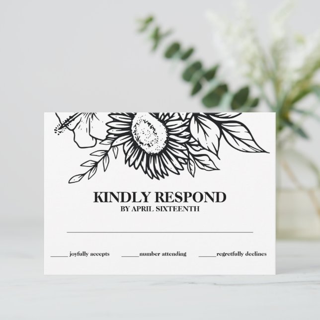 Tarjeta De Recepción Boho Black & White Sunflower Bouquet Handfasting (Anverso de pie)