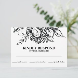 Tarjeta De Recepción Boho Black & White Sunflower Bouquet Handfasting