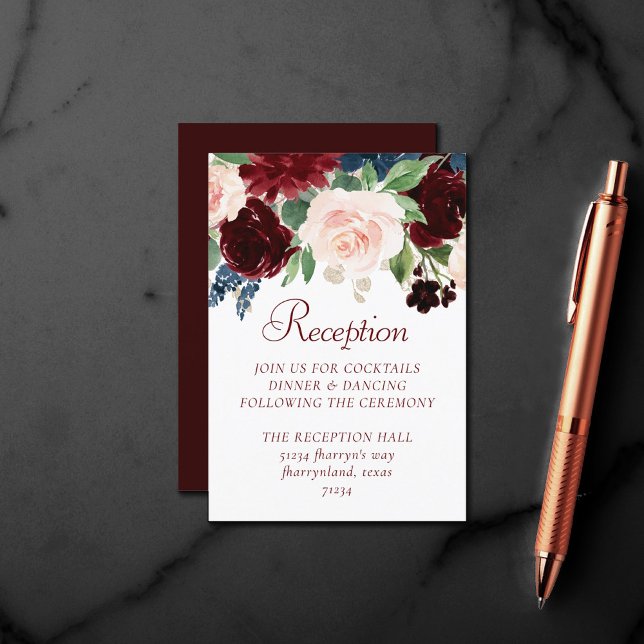 Tarjeta De Recepción Boho Bloom | Marco elegante marsala rojo floral do (Subido por el creador)