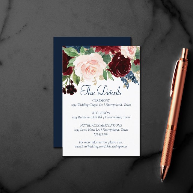 Tarjeta De Recepción Boho Blooms | Detalle azul y borgoña de la Marina  (Subido por el creador)