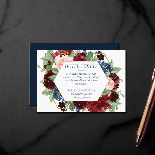 Tarjeta De Recepción Boho Blooms | Rustic Navy y Burgundy Hotel Info (Subido por el creador)
