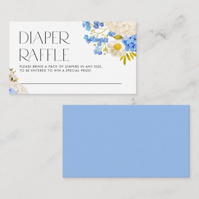 Tarjeta De Recepción Boho Blue and White Hydrangeas Diaper Raffle (Anverso / Reverso)