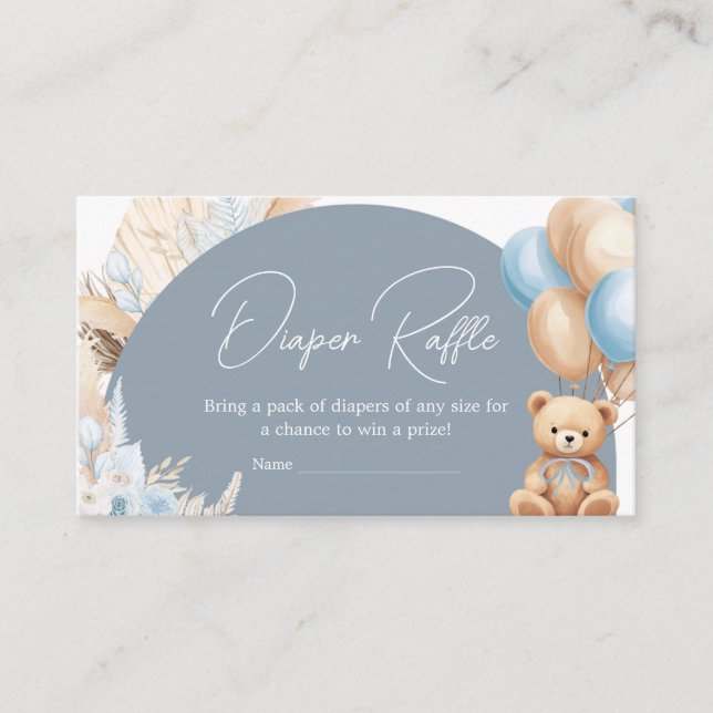 Tarjeta De Recepción Boho Blue Bear Balloon Baby Shower Diaper Raffle (Anverso)