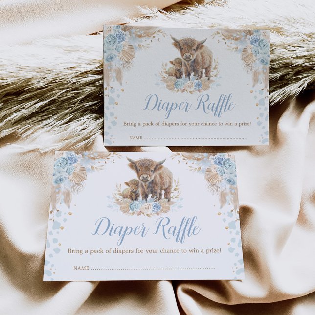 Tarjeta De Recepción Boho Blue Floral Highland Cow Diaper Raffle (Subido por el creador)