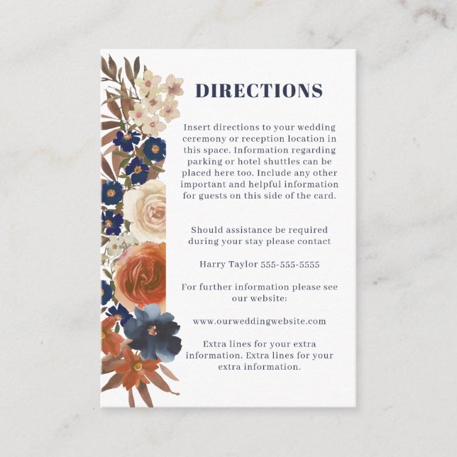 Tarjeta De Recepción Boho Blue Rust Floral Receptions Directions Boda (Anverso)