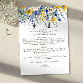 Tarjeta De Recepción Boho Blue Sunny Yellow Wildflowers Wedding Details