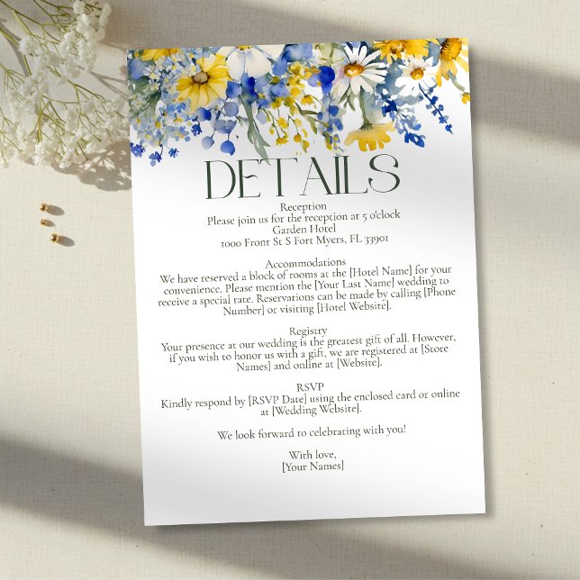 Tarjeta De Recepción Boho Blue Sunny Yellow Wildflowers Wedding Details (Subido por el creador)