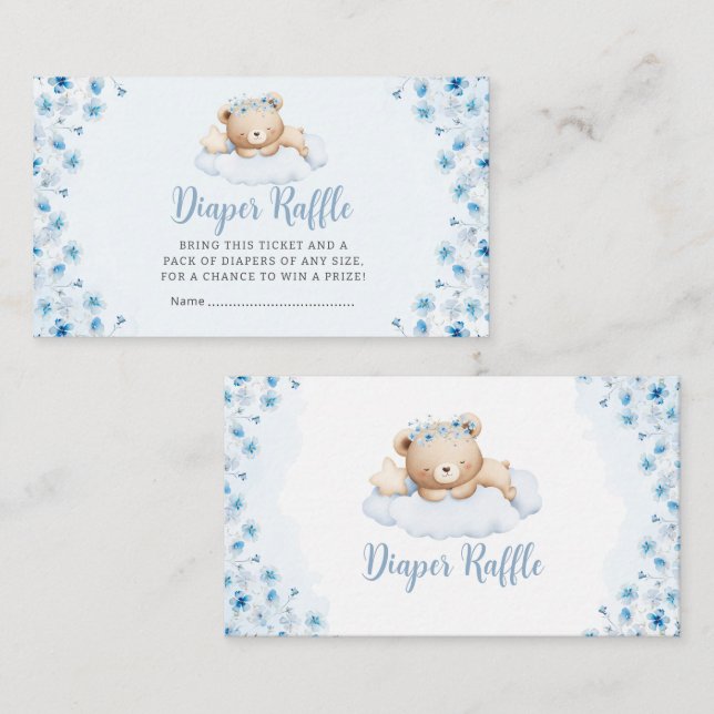 Tarjeta De Recepción Boho Blue Teddy Bear Baby Shower Diaper Raffle (Anverso / Reverso)