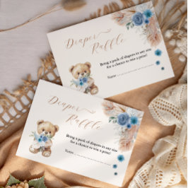 Tarjeta De Recepción Boho Blue Teddy Bear Diaper Raffle Florals Pampas