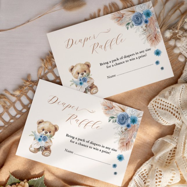Tarjeta De Recepción Boho Blue Teddy Bear Diaper Raffle Florals Pampas (Subido por el creador)