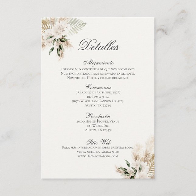 Tarjeta De Recepción Boho Bodas Españoles Detalles de la Boda (Anverso)