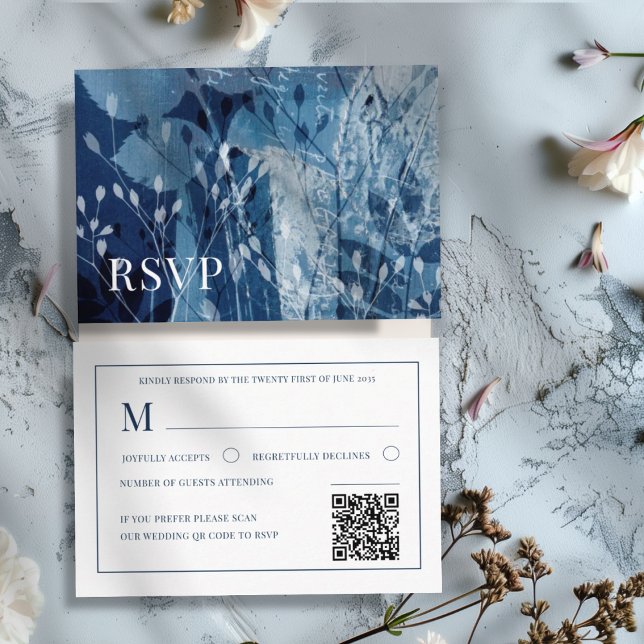 Tarjeta De Recepción Boho Botanical Blue & White Wedding RSVP  (Subido por el creador)