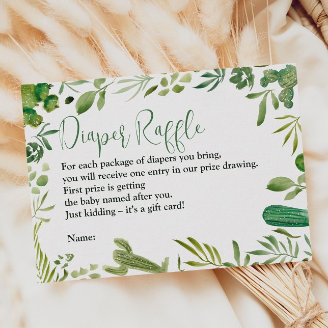 Tarjeta De Recepción Boho cactus green género neutro balsa de pañales (Boho cactus green gender neutral diaper raffle enclosure card)