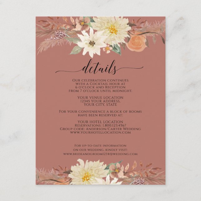 Tarjeta De Recepción BOHO Caída Floral Acuarela Orgánica Tierra Mostaza (Anverso)