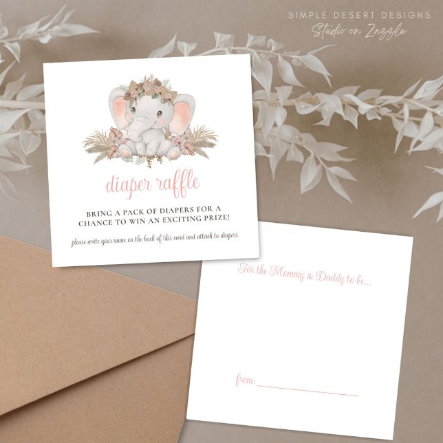 Tarjeta De Recepción Boho Cute Elephant Baby Shower Diaper Raffle (Cute Pink Boho Floral Elephant Baby Shower Diaper Raffle Enclosure Cards Gift Tag)