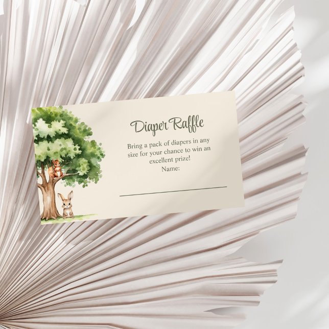Tarjeta De Recepción Boho Cute Woodland Animals Diaper Raffle (Boho Cute Woodland Animals Diaper Raffle Enclosure Card on a white palm leaf.)