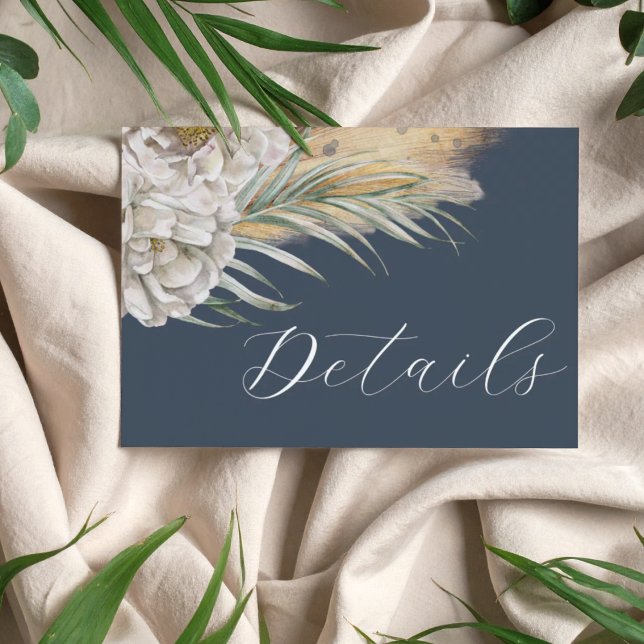 Tarjeta De Recepción Boho Dark Blue Pampas Grass Wedding Details (Subido por el creador)