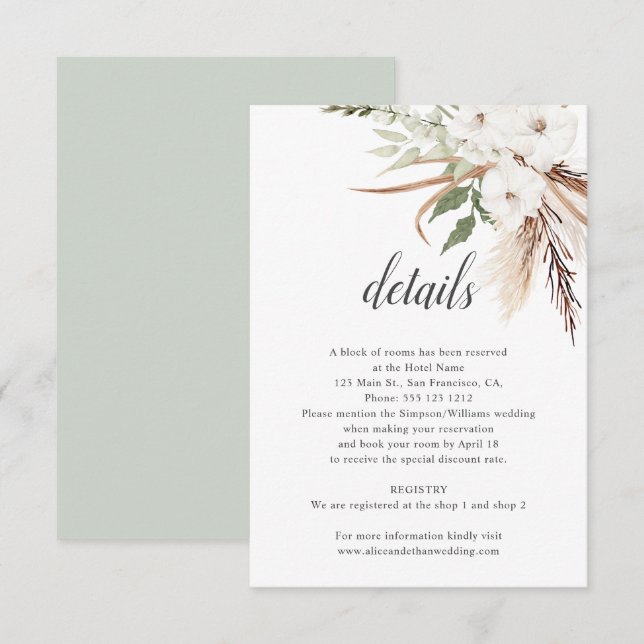 Tarjeta De Recepción Boho deja detalles de Boda de Grass Pampa (Anverso / Reverso)