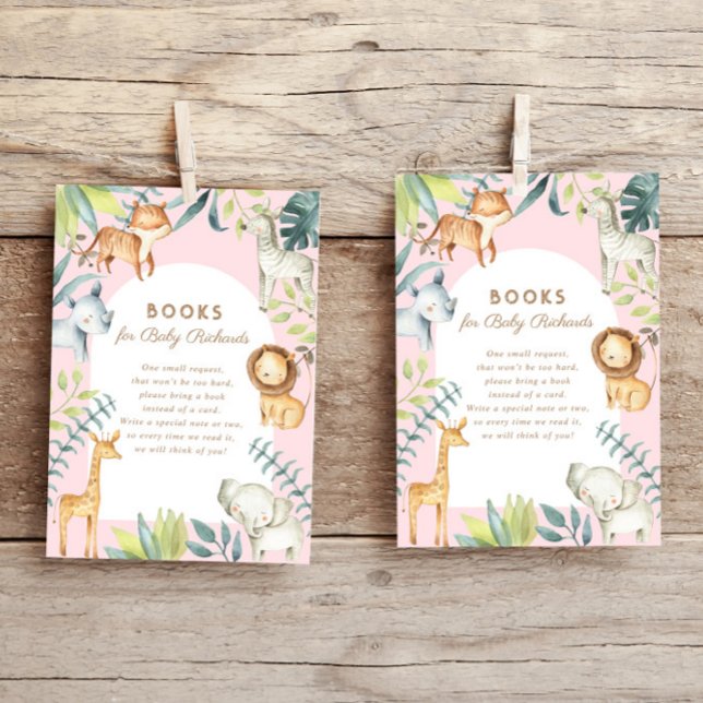 Tarjeta De Recepción Boho dulce safari animales libros rosados para beb (Subido por el creador)