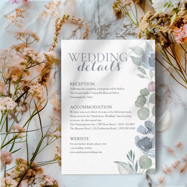 Tarjeta De Recepción Boho Dusty Blue Floral Details Wedding (Subido por el creador)