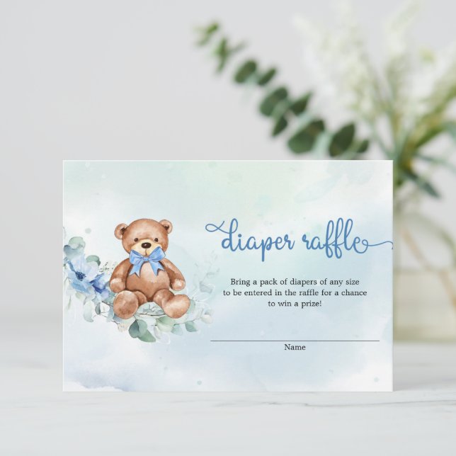 Tarjeta De Recepción Boho Dusty Blue Floral Teddy Bear Diaper Raffle (Anverso de pie)