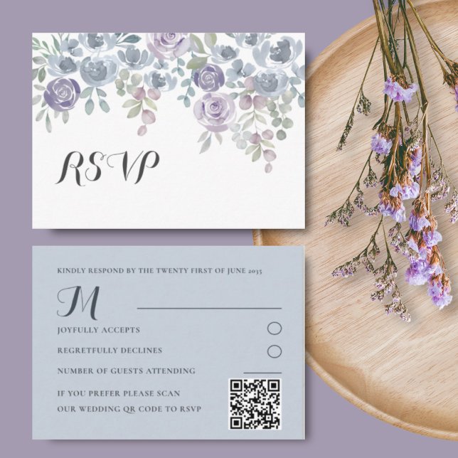 Tarjeta De Recepción Boho Dusty Blue & Purple Floral Wedding RSVP (Subido por el creador)