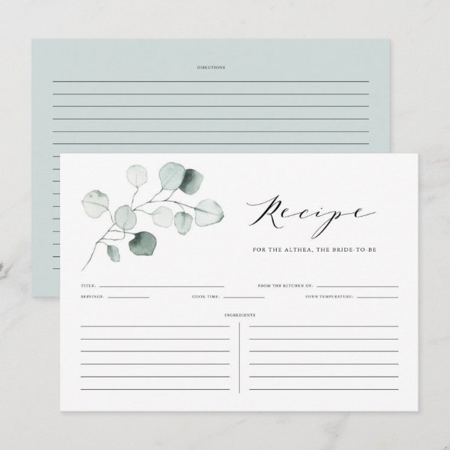 Tarjeta De Recepción Boho Dusty Green Eucalyptus deja receta de ducha (Anverso / Reverso)