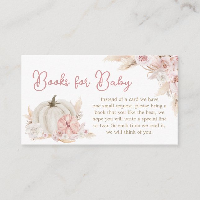 Tarjeta De Recepción Boho Dusty Rosa libros de calabaza para bebé (Anverso)