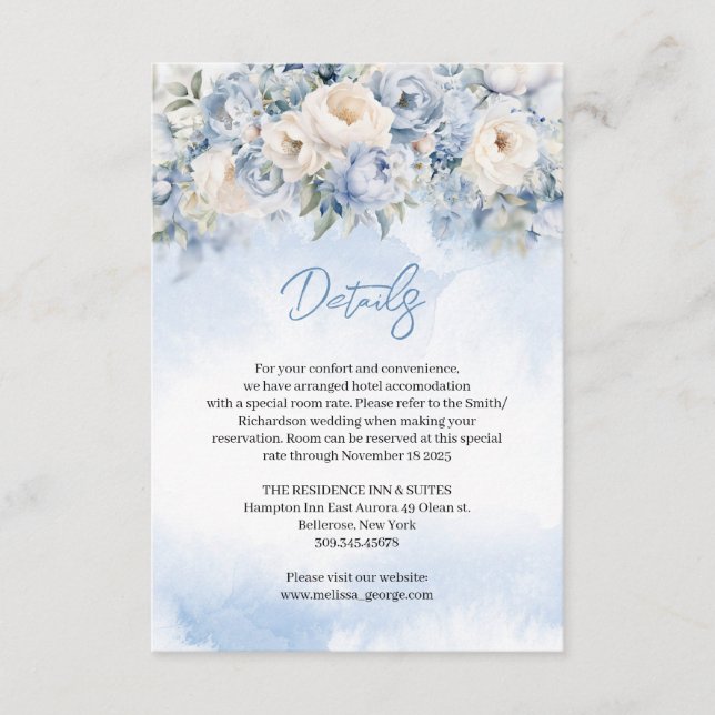 Tarjeta De Recepción Boho Elegante invierno polvoriento flores azules y (Anverso)