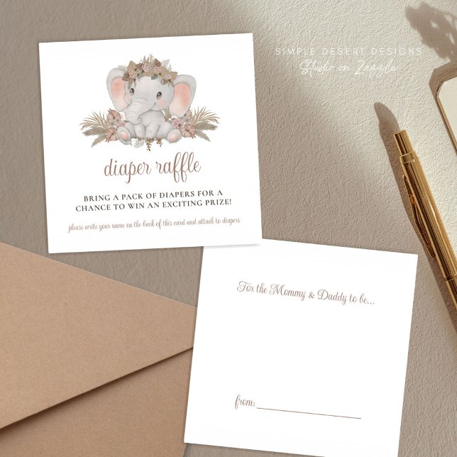 Tarjeta De Recepción Boho Elephant Baby Shower Diaper Raffle (Cute Elephant Baby Shower Diaper Raffle Enclosure Cards with Boho Floral for Gender Neutral Shower)