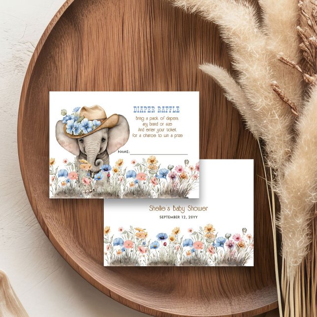 Tarjeta De Recepción Boho Elephant Cowboy Wildflower Diaper Raffle (Diaper Raffle Ticket from the Boho Elephant Baby Shower Collection by Darling & May)