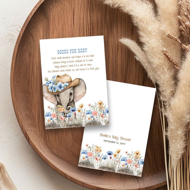 Tarjeta De Recepción Boho Elephant Cowboy Wildflowers Boys for Baby (Book Request cards from the Boho Elephant Baby Shower Collection by Darling & May)
