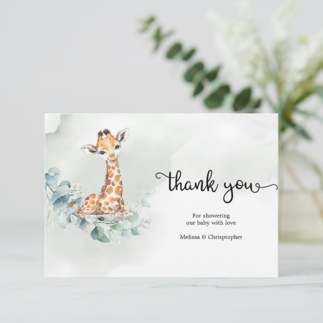 Tarjeta De Recepción Boho eucalyptus greenerenerenery wreath baby giraf (Anverso de pie)