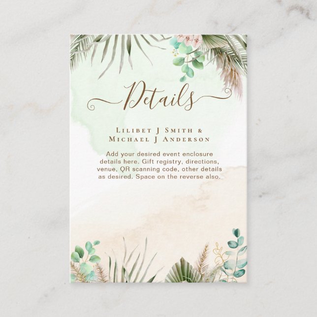 Tarjeta De Recepción BOHO Eucalyptus Pampas Grass Greenery Boda (Anverso)