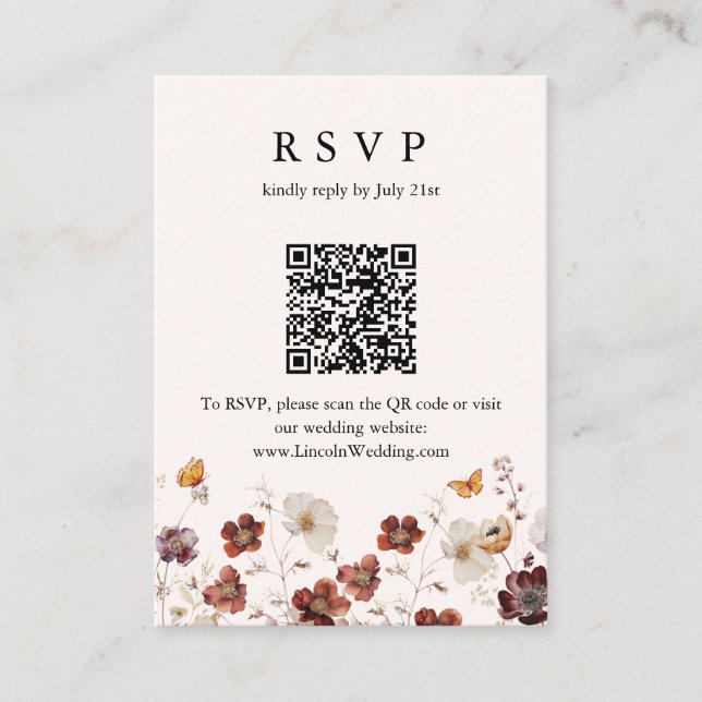 Tarjeta De Recepción Boho Fall Florencia mariposa Boda Código QR RSVP (Anverso)