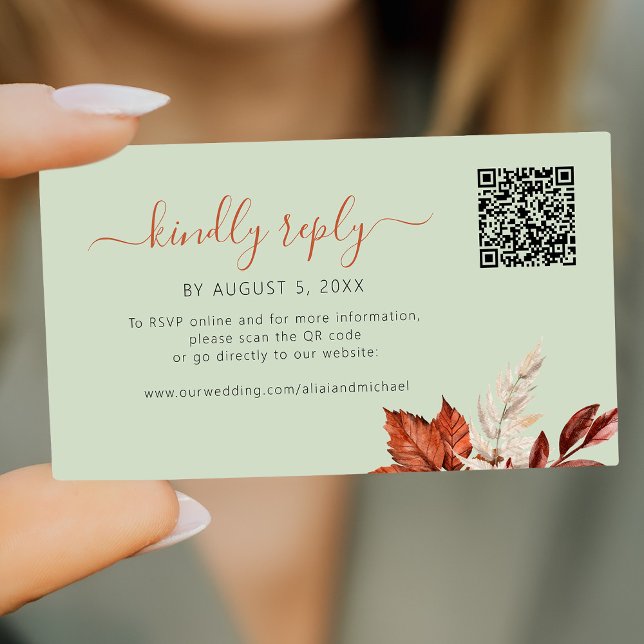 Tarjeta De Recepción Boho fall foliage sage green wedding online rsvp (Subido por el creador)
