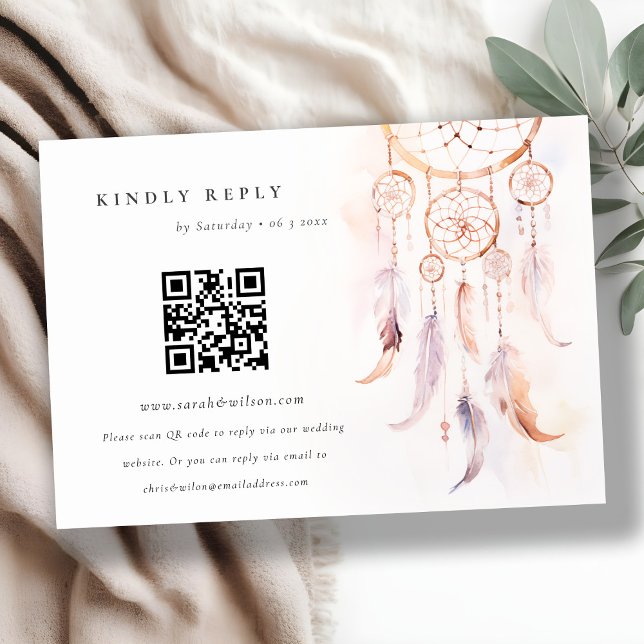 Tarjeta De Recepción Boho Feather Dreamcatcher Wedding RSVP Código QR (Subido por el creador)