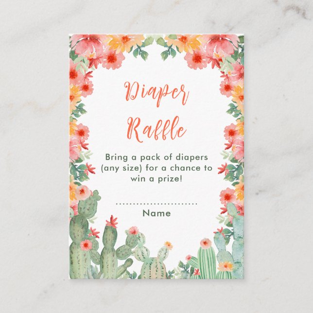 Tarjeta De Recepción Boho Floral Cactus Baby Shower Diaper Raffle (Anverso)
