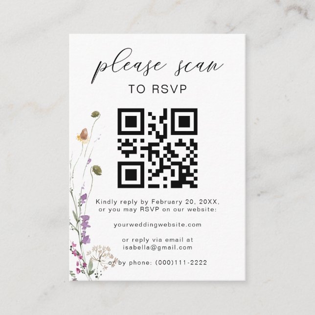 Tarjeta De Recepción Boho floral Código QR Boda floral RSVP (Anverso)