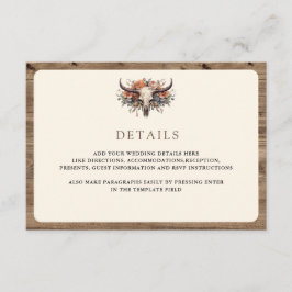 Tarjeta De Recepción Boho Floral Cow Skull Western Wedding Details